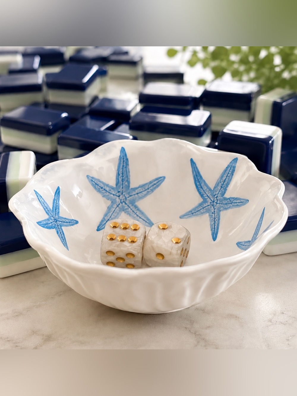 Mahjong Tiles Ceramic Dice Dish Blue Ocean Starfish trinket ring dish bundle 25%